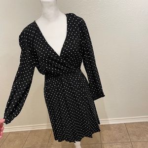 Black and White Polka Dot Long Sleeve Faux Wrap Dress